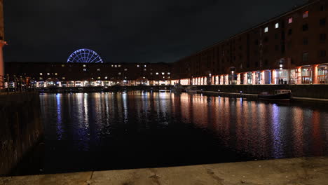 Wheel-of-Liverpool,-England-UK-at-Night,-View-From-Royal-Albert-Dock