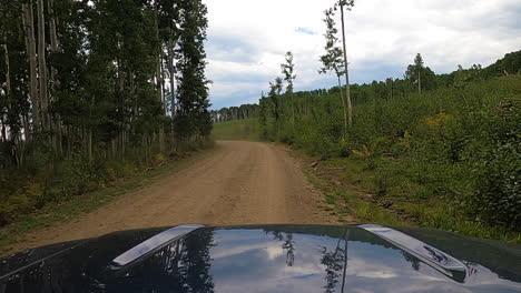 Passing-a-side-by-side-off-road-vehicle-on-gravel-forest-road,-driving-POV-shot