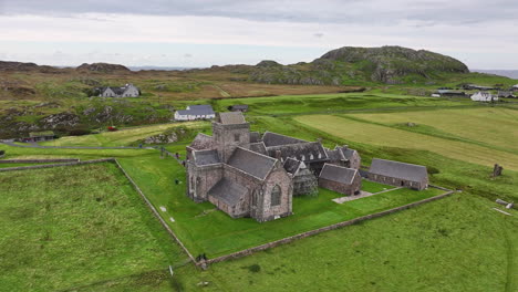 Iona-Abbey-and-Nunnery,-Aerial-View-of-Former-Church-and-Medieval-Landmark-of-Island