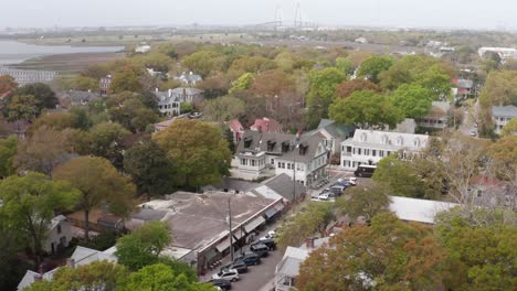 Low-close-up-aerial-shot-of-historic-Old-Village-Mount-Pleasant-in-South-Carolina