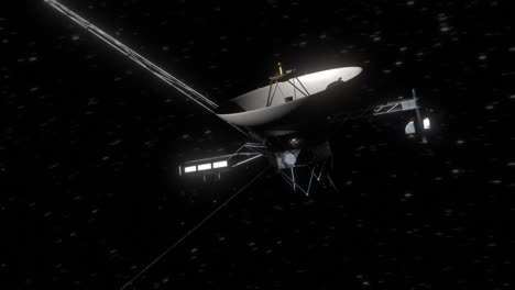High-quality-and-very-detailed-orbiting-shot-of-the-space-probe-Voyager-1-as-sunlight-reflects-on-its-solar-panels,-in-deep-space-on-its-mission-20-billion-km-from-Earth