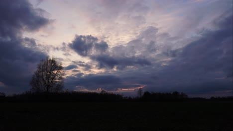 Dramatic-dark-cloud-timelapse-during-evening-with-tree-silhouette,-Latvia