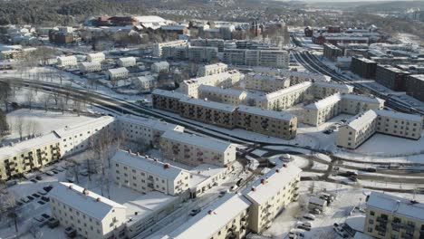 Calm,-Winter-City-Landscape-of-Bellevue-in-Stockholm,-Sweden,-Aerial