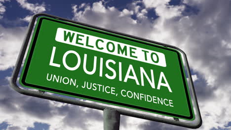 Willkommen-In-Louisiana,-US-Staatsstraßenschild,-Slogan-Für-Gewerkschaftsgerechtigkeit-Und-Vertrauen,-Realistische-3D-Animation