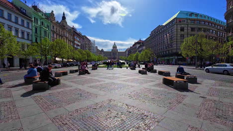 Wenceslas-Square,-originally-Horse-Market,-in-New-Town-of-Prague---wide-angle