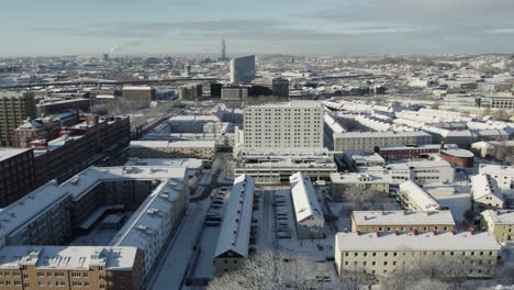 City-Buildings-of-Downtown-Stockholm,-Sweden-during-Snowy-Winter,-Aerial-Drone-Landscape