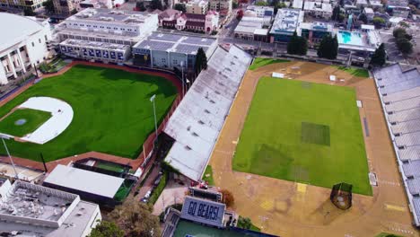 Aerial-View-of-Sport-Fields,-Baseball-and-Football-Stadiums-in-University-of-California,-Berkeley