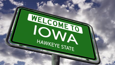 Welcome-to-Iowa,-USA-Road-Sign,-Hawkeye-State-Nickname,-Realistic-3d-Animation