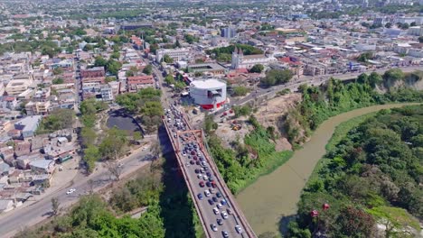 Cable-car-in-Santiago-de-los-Cabaellors-in-the-Dominican-Republic,-aerial-orbit