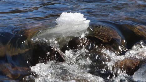 A-crystal-clear-river-flowing-past-an-ice-covered-rock-in-early-Spring