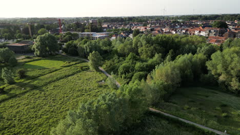 Vista-Aérea-Del-Camino-A-Través-De-La-Reserva-Natural-De-Bourgoyen-ossemeersen,-Gante,-Bélgica