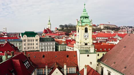 Slow-aerial-shot-of-Bratislava-city-center---main-square,-Cathedral-of-St