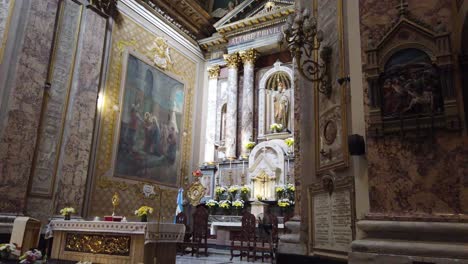Inside-basilica-Hall-christian-eclectic-architecture-fancy-colorful-characters-in-religious-altar,-landmark-at-buenos-aires-city-argentina-hometown-of-pope-francis,-san-jose-de-flores