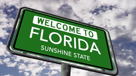 Willkommen-In-Florida,-USA-Verkehrsschild,-Spitzname-Sunshine-State,-Realistische-Animation