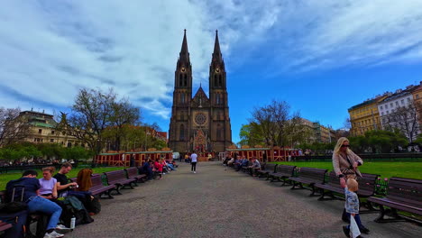 Historic-landmark-church-of-Saint-Ludmila-at-Peace-Square-Prague,-Czech-Republic