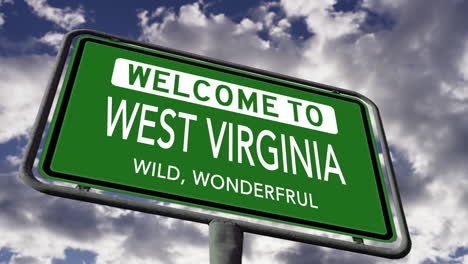 Welcome-to-West-Virginia,-USA-State-Road-Sign,-Wild-Wonderful-Slogan,-Realistic-3d-Animation