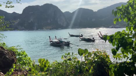 Traditionelle-Thailändische-Longtail-Boote-Vor-Anker-In-Den-Küsten-Der-Phi-Phi-Inseln,-Sonniger-Tag