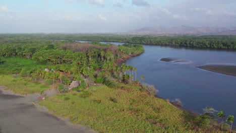 Aerial-establishing-shot-of-the-dense-rainforest-and-black-beach-at-Canas-Island