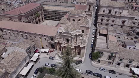 Aerial-historic-religious-architecture-church-of-San-Domenico,-Noto,-Sicily