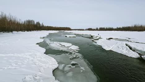 Fluye-Un-Río-Descongelado,-Hay-Hielo-En-Las-Orillas