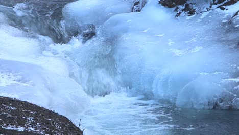 Ein-Schnell-Fließender-Fluss,-Der-Im-Frühen-Frühling-über-Eisbedeckte-Felsen-Fließt