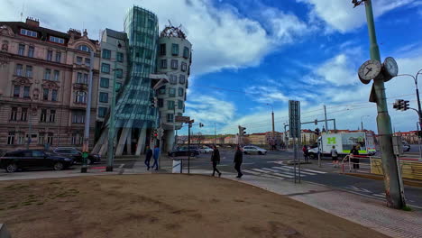 The-famous-Dancing-House-or-Ginger-and-Fred,-is-the-nickname-given-to-the-Nationale-Nederlanden-building-on-the-Rasín-Embankment-in-Prague,-Czech-Republic