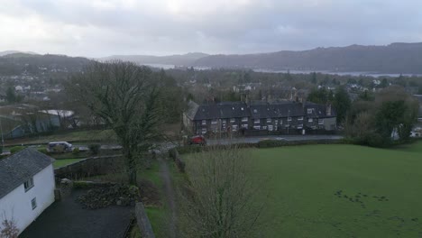 Residential-Village-On-Foggy-Morning-In-Windermere,-Lake-District,-England