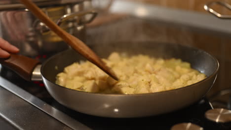 Frying-chicken-meat-in-a-pan,-preparing-lunch,-selective-focus