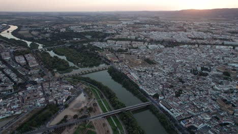 panoramic-aerial-view-of-Cordoba,-Spain-during-blue-hour