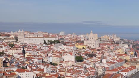 Drone-Aéreo-Que-Establece-Una-Visión-General-De-Las-Icónicas-Iglesias-Catedralicias-Y-La-Arquitectura-Histórica-De-Lisboa,-Portugal