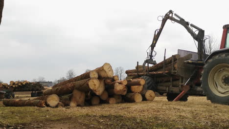 Tractor-with-crane-loading-out-logs-in-a-pile-next-to-a-sawmill