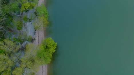 Sauberes-Azurblaues-Wasser-Am-Flussufer-Auf-Dem-Land,-Luftaufnahme-Von-Oben-Nach-Unten-Mit-Grünen-Bäumen-An-Der-Seite