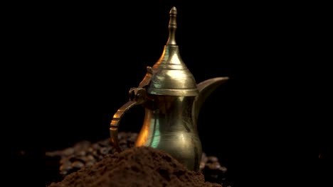 Vintage-Oriental-Pot,-Coffee-Beans-and-Fine-Ground-Arabica-Coffee,-Close-Up