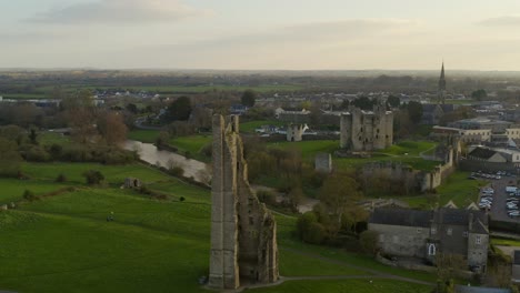 Clean-aerial-pan-of-St-Mary's-Abbey-and-Trim-castle-in-the-background