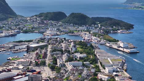 Aerial-View-of-Alesund,-Norway,-Harbor-and-Downtown-Buildings,-Drone-Shot-60fps