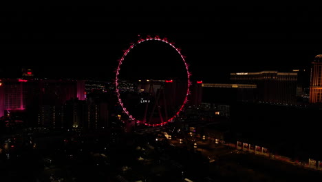 Aerial-View-of-High-Roller-Ferris-Wheel-and-The-Linq-Hotel-Casino-at-NIght,-Las-Vegas-USA