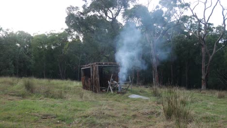 A-bushman-makes-a-campfire-in-a-bark-shetler-in-the-Australian-bush