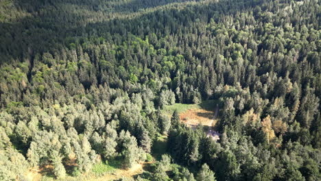 Vista-Aérea-Alejada-De-La-Cabaña-De-Senderismo-Y-Revela-Las-Montañas-Boscosas-De-Vitosha