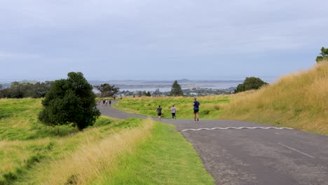 Grünfläche-Mit-Menschen,-Die-Im-Neuseeländischen-Wanderweg-Mit-Panoramablick-Auf-Den-Cornwall-Park-Trainieren