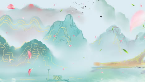 Chinas-Traditionelle,-Chinesische-Tuschemalerei-In-Den-Bergen-Mit-Blumen,-Bäumen,-Vögeln-Und-Einem-Fluss-Im-Nebel-Als-Hintergrundbild