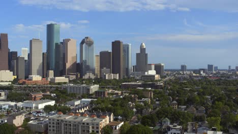 Drone-shot-of-downtown-Houston,-Texas-and-surrounding-area