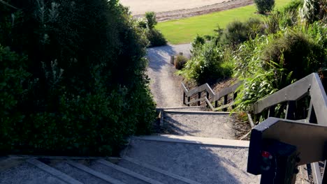 Una-Toma-Manual-De-Escaleras-De-Madera-En-Un-Parque-En-Un-Día-Soleado-Con-Fuertes-Vientos-En-La-Ciudad-De-Auckland,-Nueva-Zelanda
