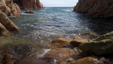 Sparkling-blue-water,-mediterranean-cliff-ocean-skyline-landscape-Cami-de-Ronda-panoramic-the-coast-of-Catalonia