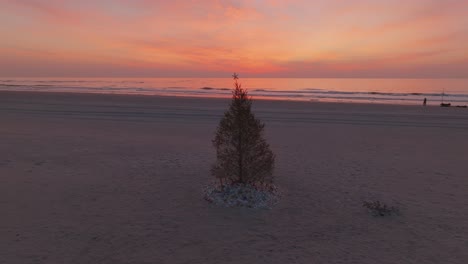 Árbol-De-Navidad-En-La-Playa-Con-Un-Hermoso-Amanecer-Detrás.