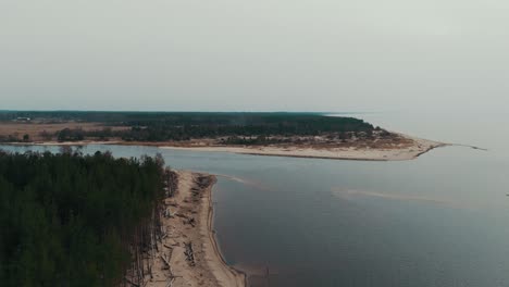 Toma-Aérea-El-Río-Gauja-Desemboca-En-El-Mar-Báltico-Golfo-De-Riga,-Letonia-Pinos-Rotos-Después-De-La-Tormenta-Y-La-Orilla-Arrastrada