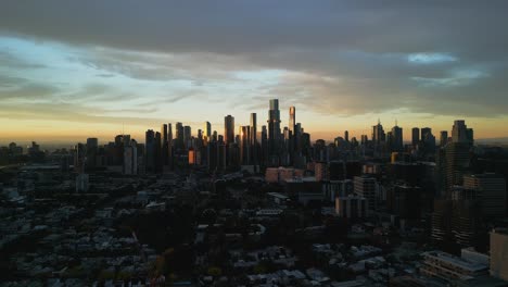 Aerial-view-of-a-moody-sunset-in-Melbourne,-Victoria,-Australia