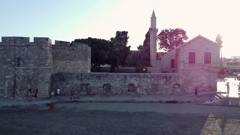 Oldtown-Larnaca-Medieval-Fort-in-Cyprus-at-Sunset,-Seashore