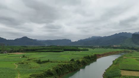 Toma-Aérea-De-Un-Dron-De-Un-Río-Que-Pasa-Cerca-De-Un-Campo-De-Cultivo-Con-Montañas-Al-Fondo-En-Vietnam