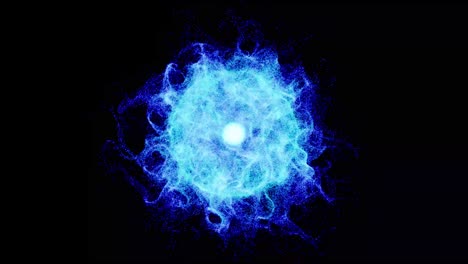 Visual-effects,-VFX,-blue-particles-energy-sphere-on-black-background-3D-animation