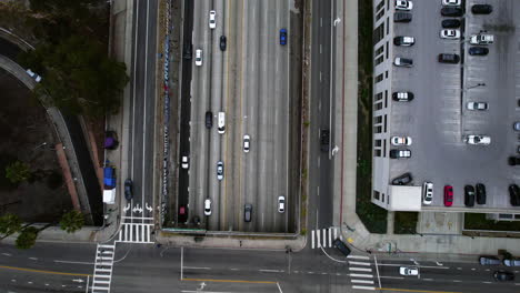 Birdseye-Aerial-View-of-US-101-Highway,-Hollywood-Freeway,-Downtown-Los-Angeles-California-USA
